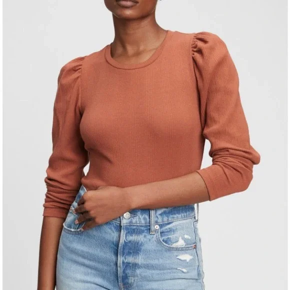 GAP Saddle Brown Ribbed Puff Sleeve Stretch Cotton Bodysuit - Picture 1 of 9